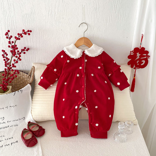 Warm Red Polka Dot Fleece-Lined Jumpsuit